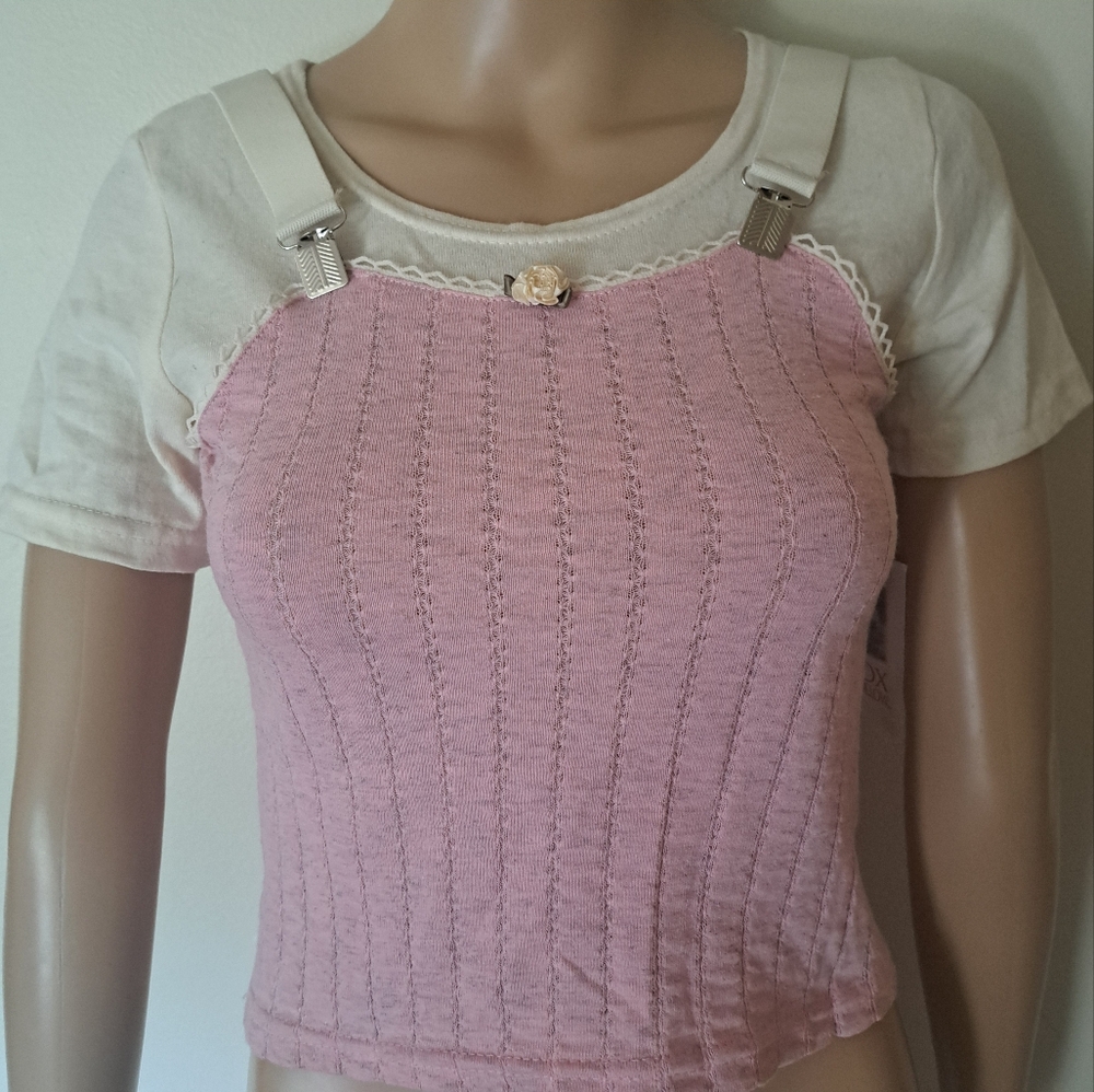 Teeny Pink & Cream Rosette Corset Look Cropped Tshirt XXs/Xs - Picture 2 of 5